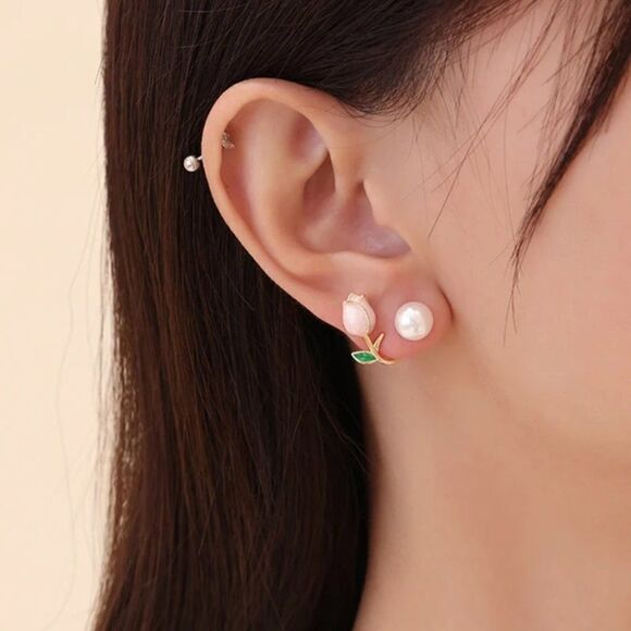 Enamel Pink Tulip Pearl Earrings in Gold - Picture 3 of 6